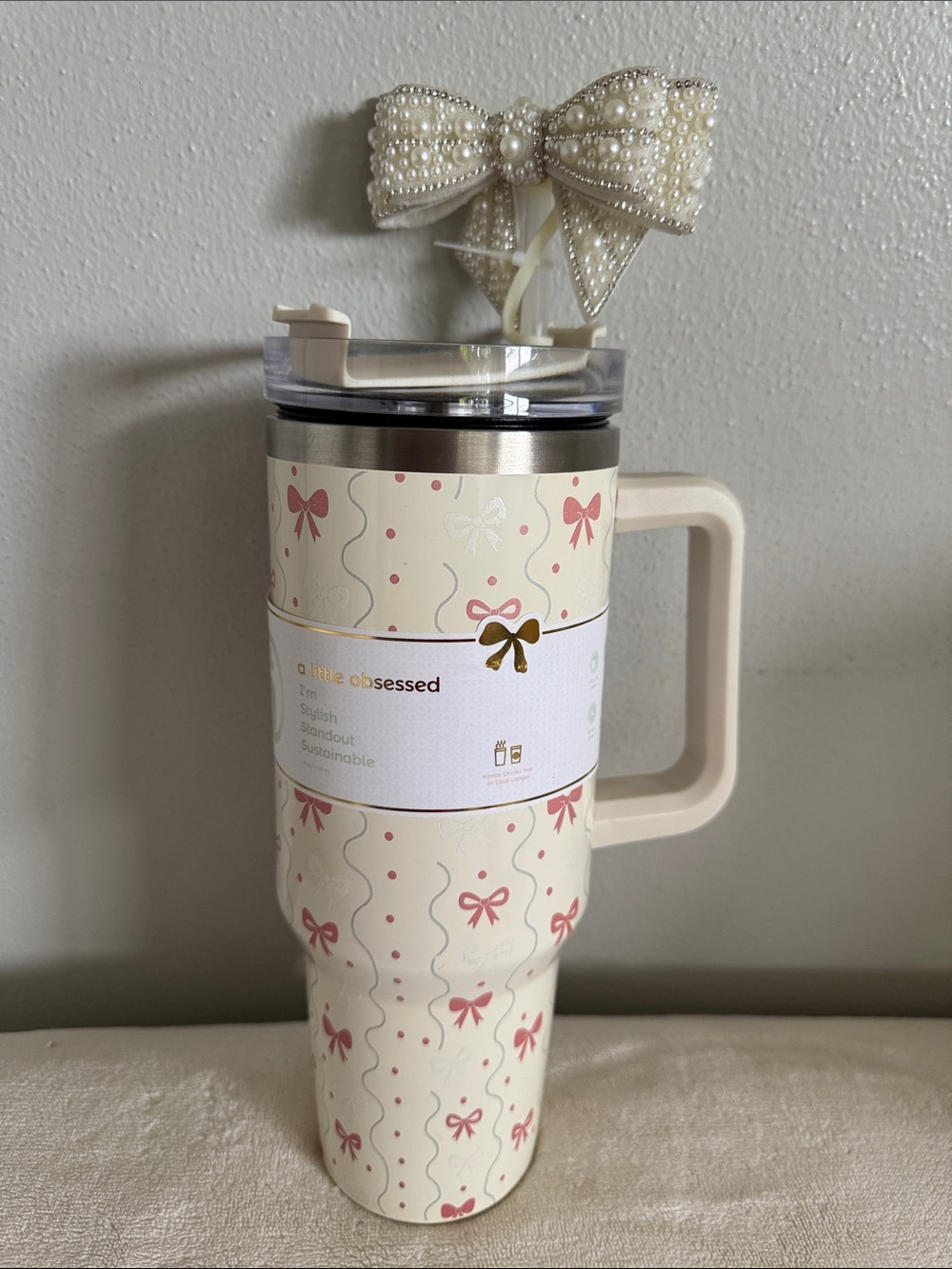 Cream & Pink Bow Travel Mug with Handle